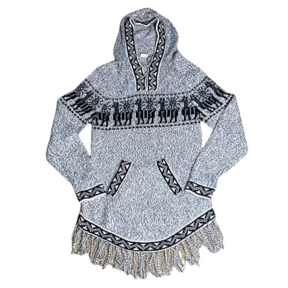 Peruvian Alpaca‎ Fringe Aztec Pull Over Hooded Sweater Sz. S